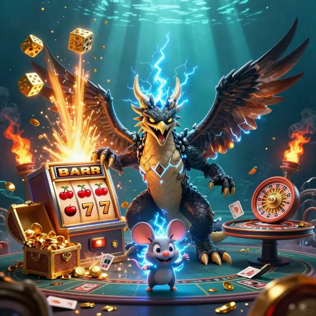 Thunder dragon, hawk, and mouse amid gold, slot reels, dice, and treasure in a cinematic casino burst.