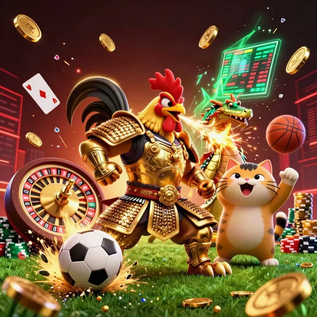 Rooster samurai, dragon hatchling, and fortune-cat amid exploding soccer action and casino gold