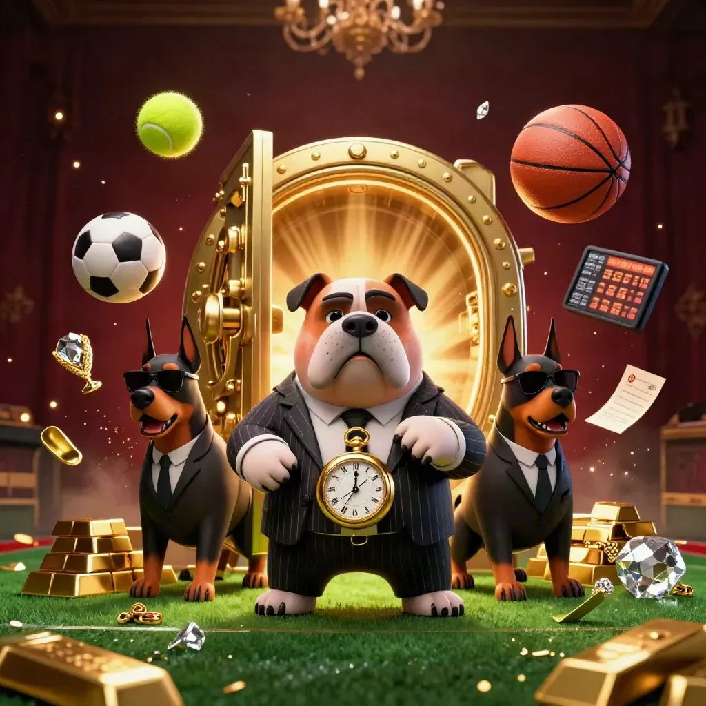 Bulldog mob boss with Dobermans amid gold vault burst, sports balls, and casino glow.