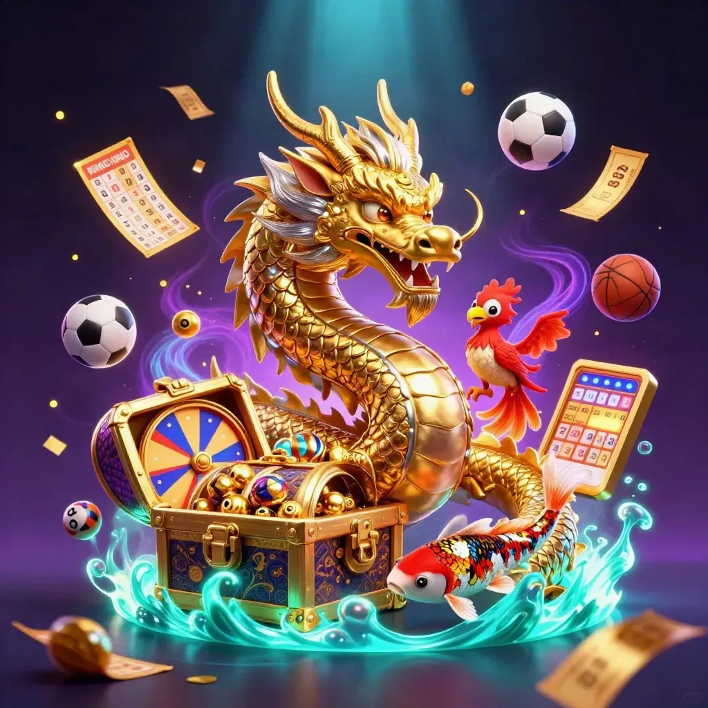 Golden dragon with phoenix and koi amid casino balls, prize wheel, tickets, and sports items.