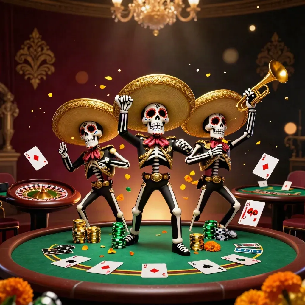 Skeleton mariachi trio amid casino cards, chips, roulette wheel, gold light and damask bokeh.