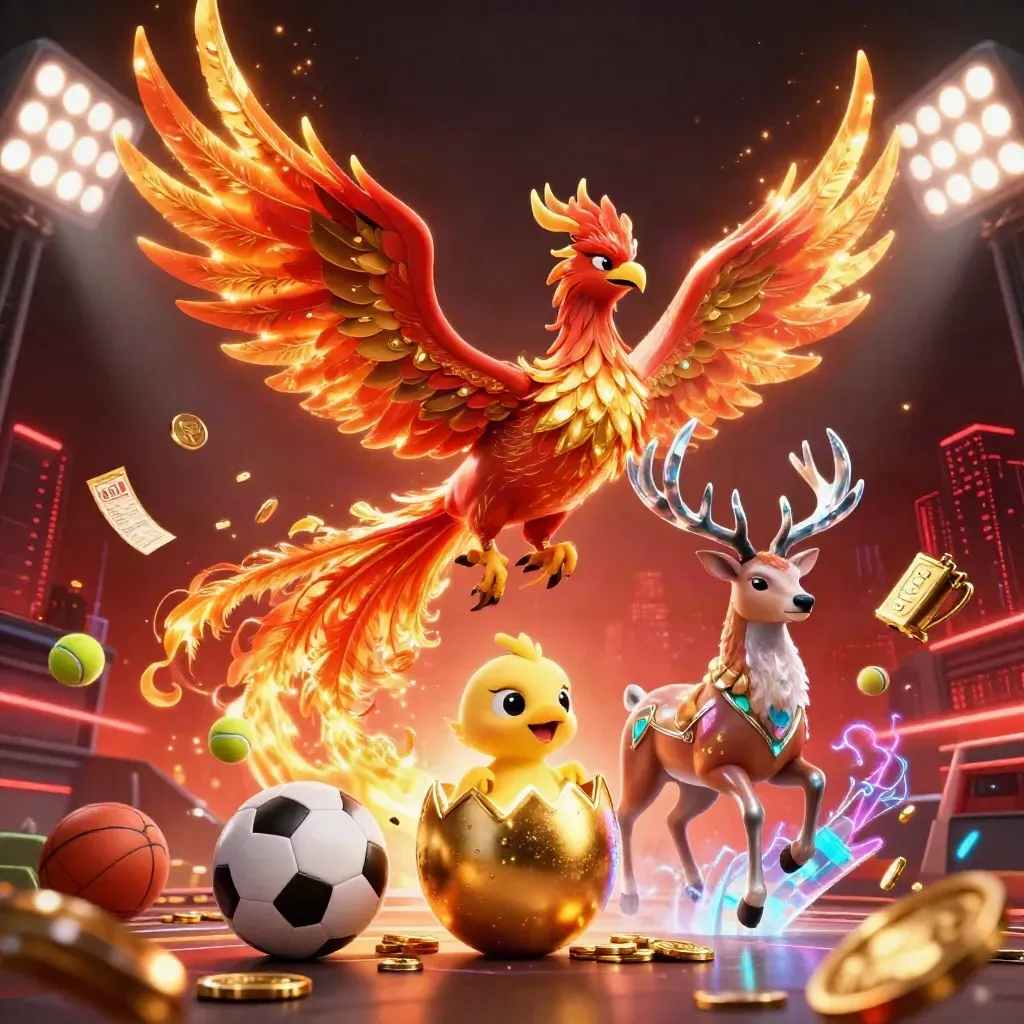 Phoenix, baby phoenix, and crystal stag amid flying sports balls, gold coins, and casino lights.