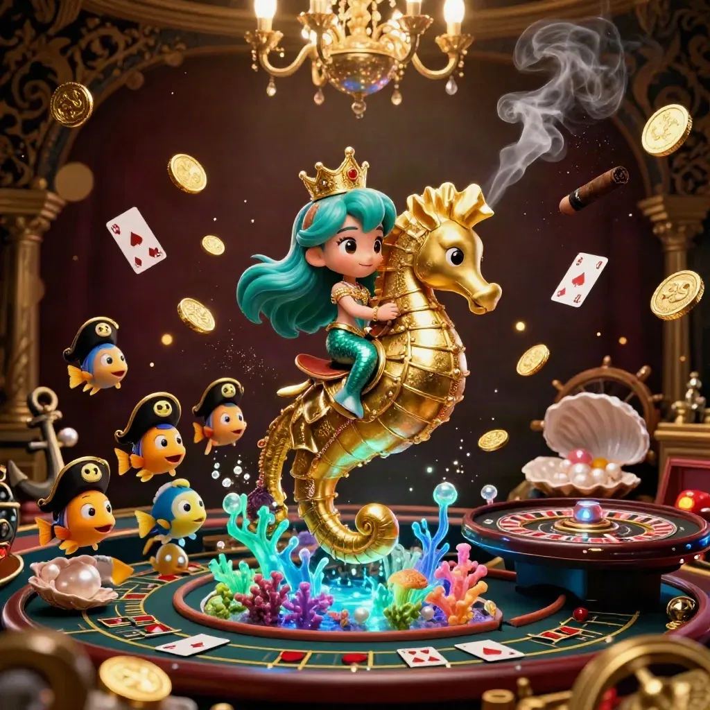 Mermaid princess rides a golden seahorse in a glowing treasure-cove casino with cards and coins.
