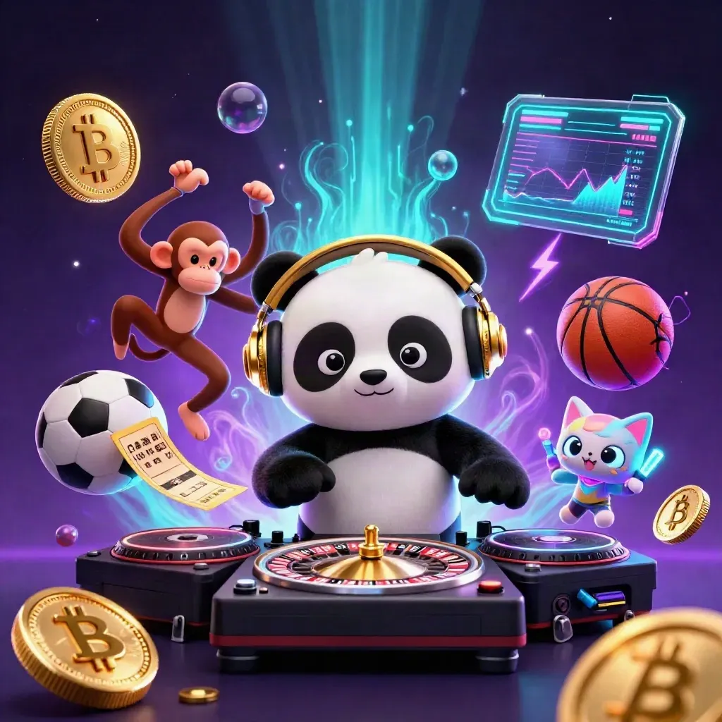 DJ panda, monkey, and kitten amid neon sports balls, crypto coins, and casino energy