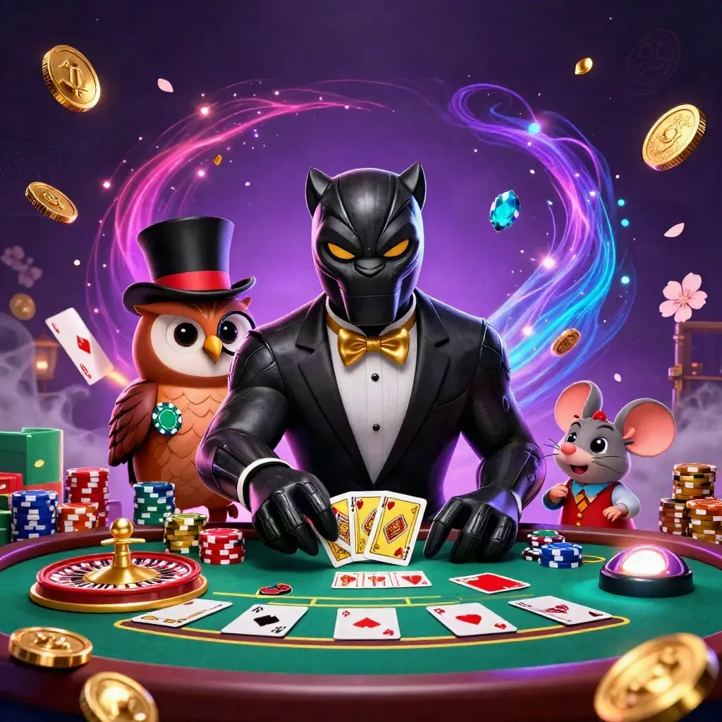 Panther, owl, and mouse in a luxe casino burst with gold coins, cards, chips, and neon magic.