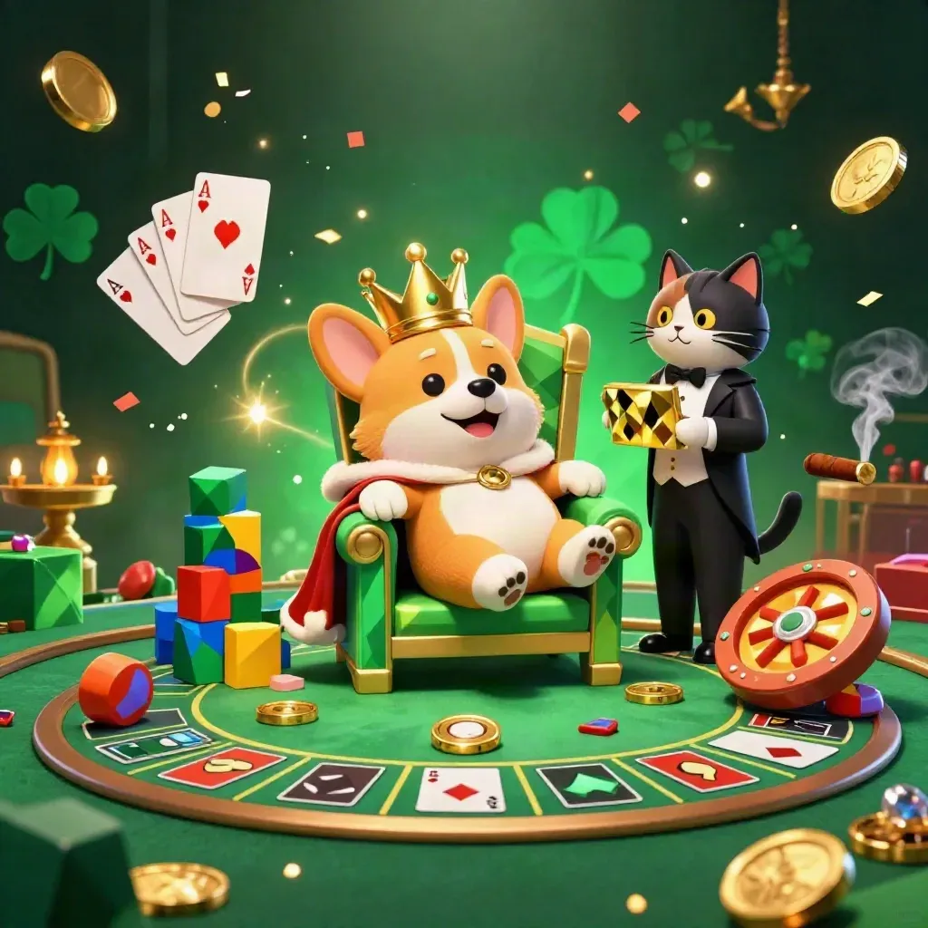 Royal corgi and cat butler in a luxe casino room with chips, cards, roulette, confetti.