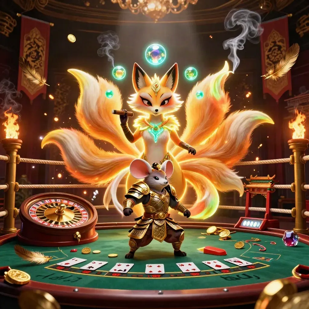 Fox spirit and armored mouse amid roulette, cards, temple gate, gold embers in a luxe casino scene