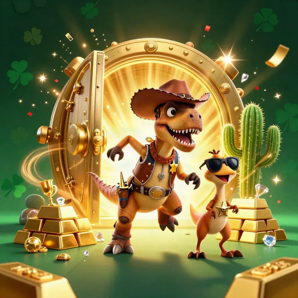 Cowboy T-Rex trio bursts a gold vault in emerald casino key art.