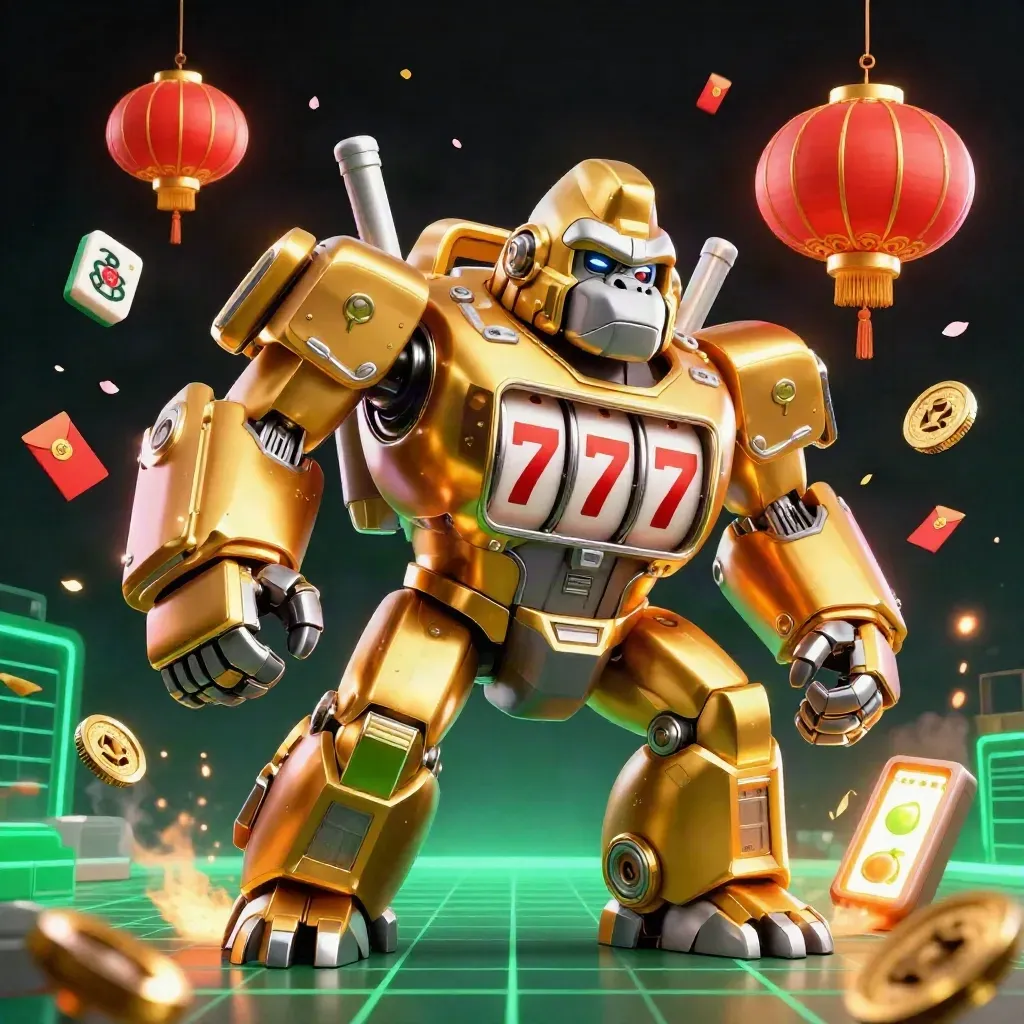 Golden gorilla slot mech with monkey pilot amid jade coins, lanterns, confetti, and neon sparks.