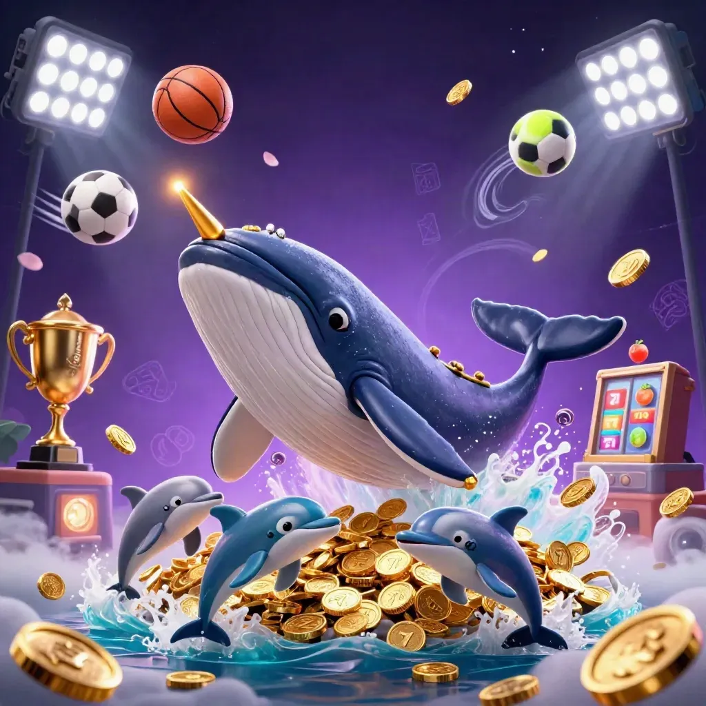 Whale captain, narwhal, and dolphins burst through gold coins with casino lights and sports balls