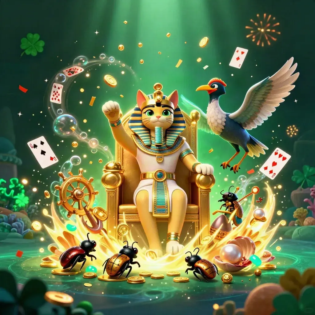 Pharaoh cat, ibis scribe, and gem-wing scarabs in a glowing underwater treasure cove.