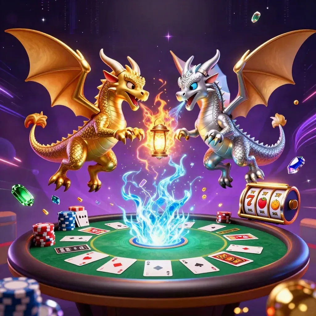 Twin gold and silver dragons spiral with fire and ice around casino chips, cards and neon glow.