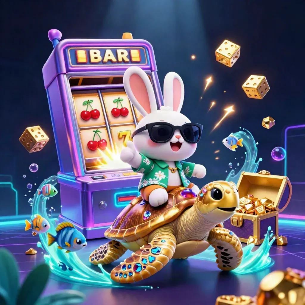Lucky rabbit on a gold sea turtle with slot burst, glowing cyan underwater casino scene
