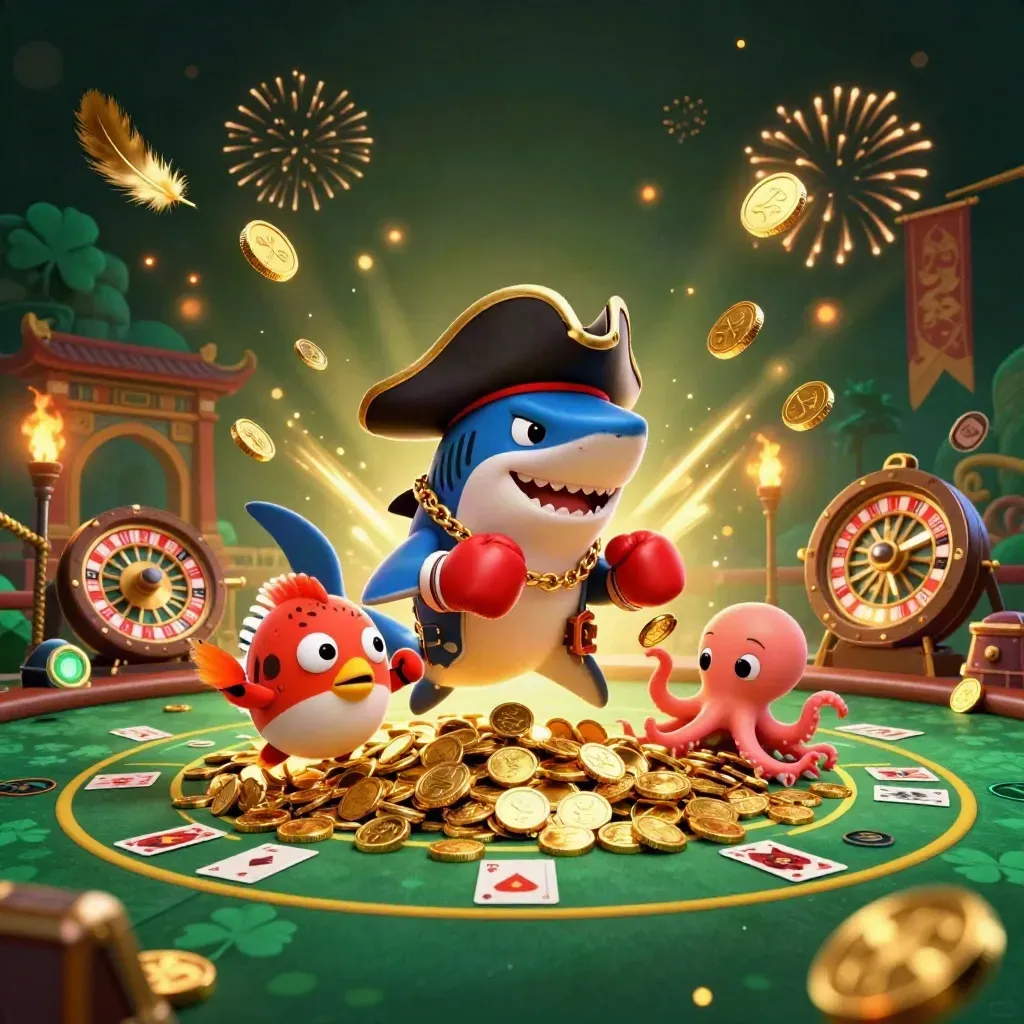 Pirate shark, boxing pufferfish, and coin-juggling octopus amid gold casino bursts