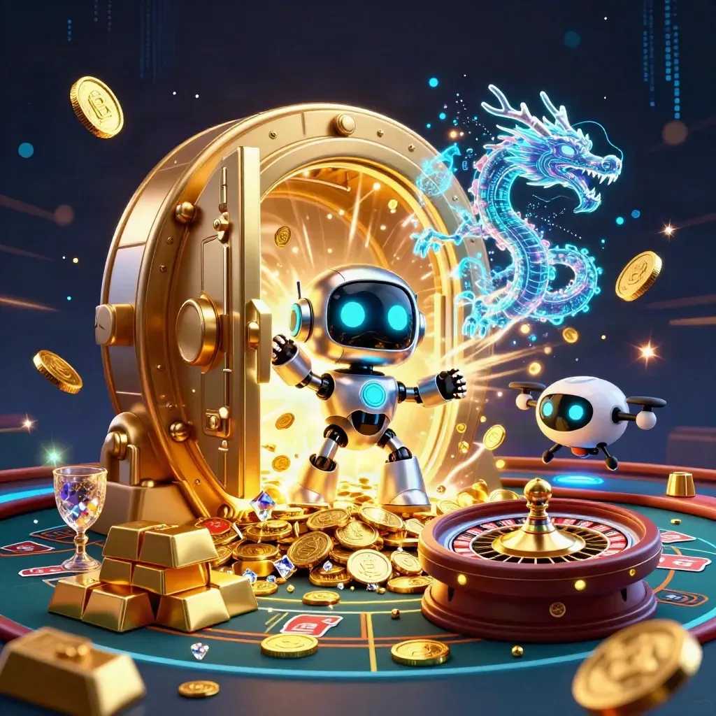 Robot, AI dragon, and drone amid vault, gold bars, roulette wheel, and casino light bursts.