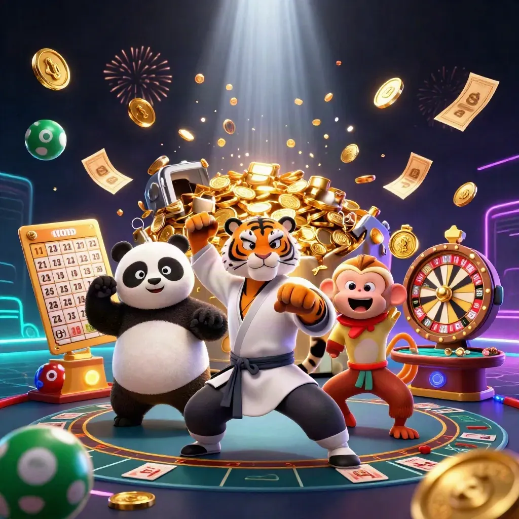 Tiger, panda, and monkey in a gold casino celebration with coins, fireworks, and game icons