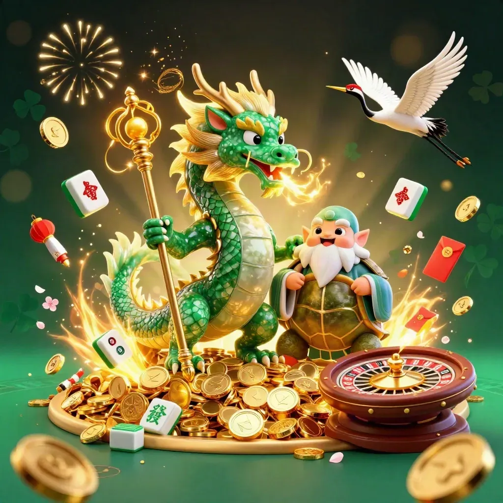 Jade dragon, turtle sage, cranes, gold coins, fireworks, lanterns, and casino props in a luxe celebration scene.