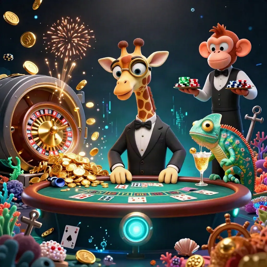 Giraffe, monkey, and chameleon amid gold coins, cards, and neon casino treasure.