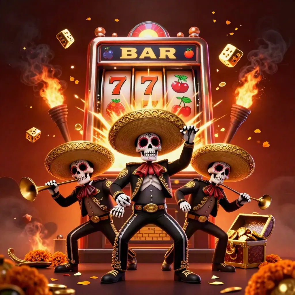 Skeleton mariachi trio with jackpot slot machine, gold coins, ember glow, and marigold petals