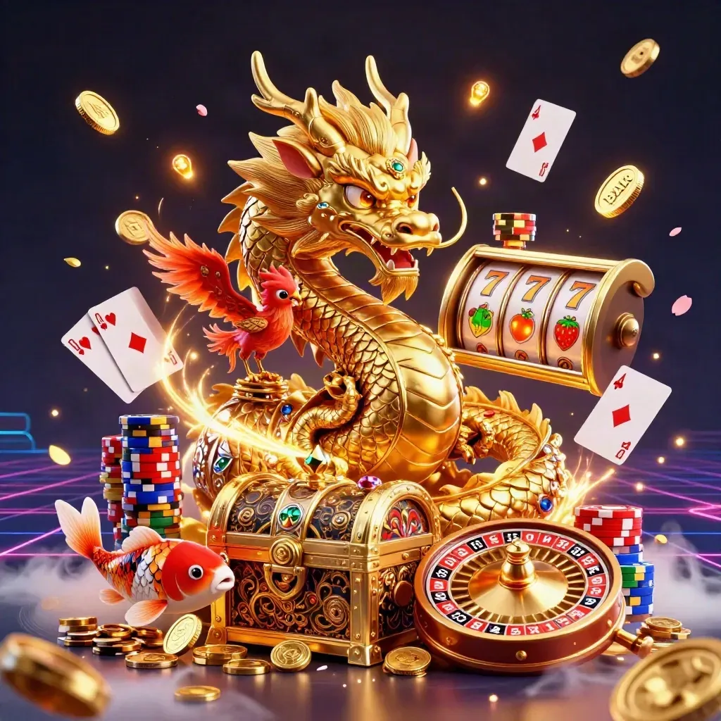 Golden dragon with phoenix, koi, coins, roulette wheel, chips, and casino effects on dark background.