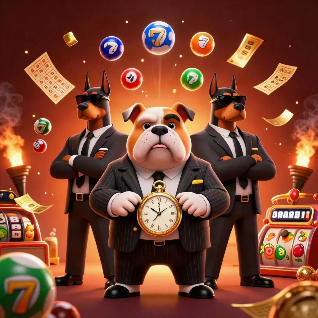 Bulldog boss with two Doberman guards amid gold casino symbols and ember-lit reels