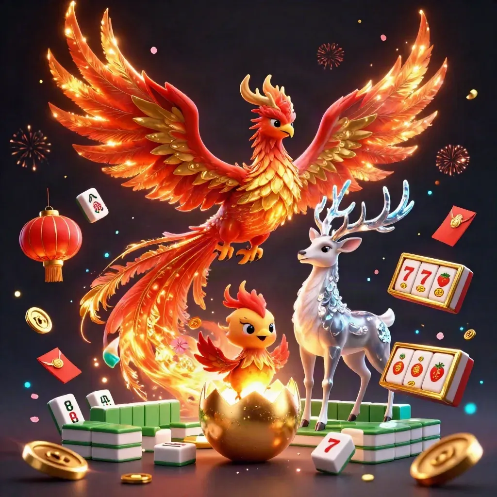 Phoenix, baby phoenix, and crystalline stag amid gold casino effects on a dark background.