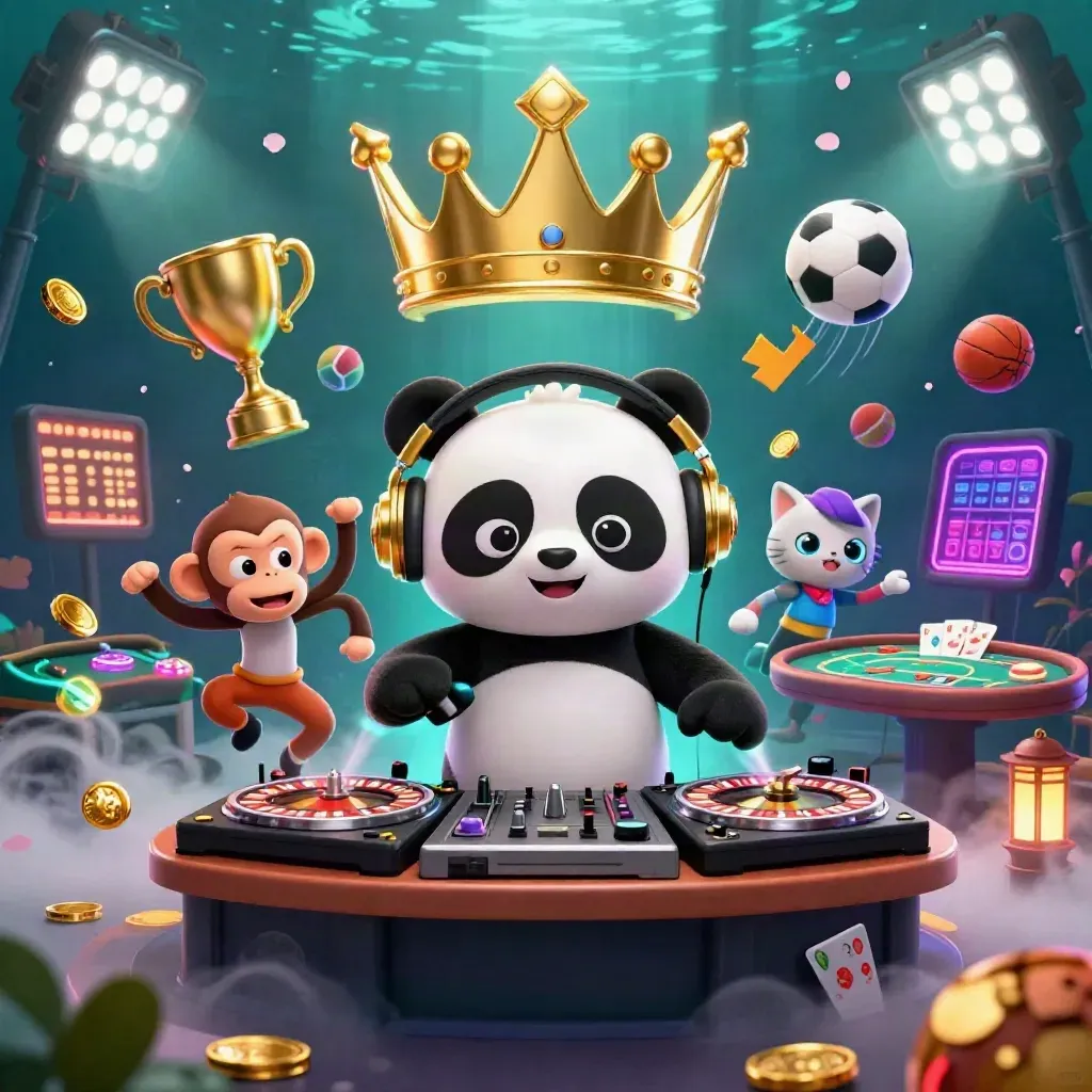 DJ panda, monkey, and kitten in a gold casino rave with flying sports balls and casino lights.