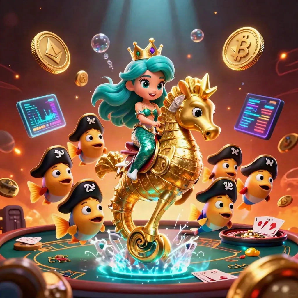 Mermaid princess on a golden seahorse amid casino coins, roulette, cards, and neon glow.